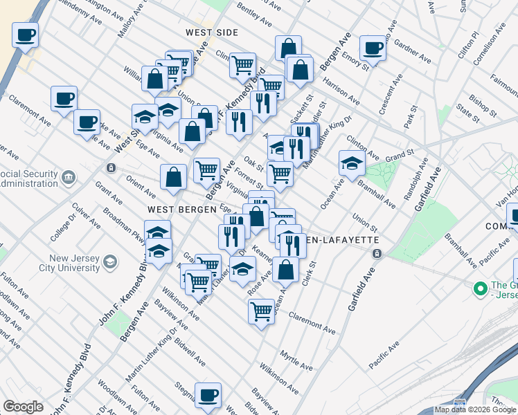 map of restaurants, bars, coffee shops, grocery stores, and more near 95 Virginia Avenue in Jersey City