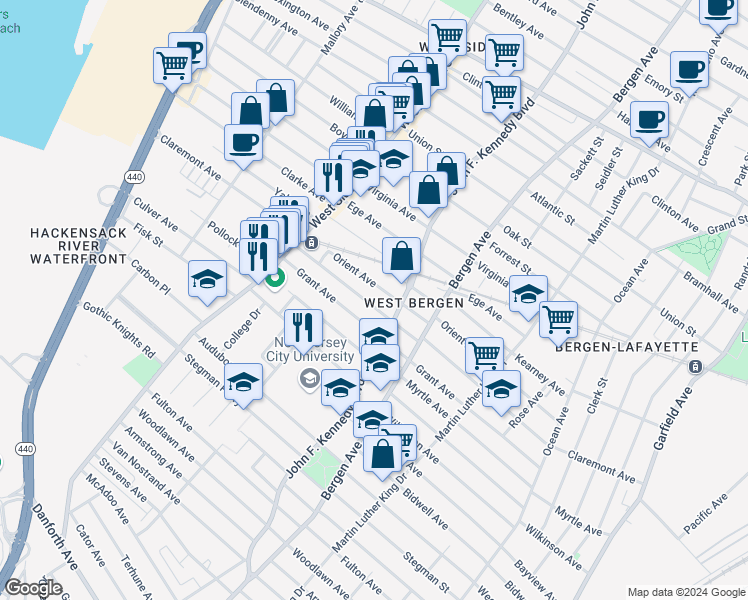 map of restaurants, bars, coffee shops, grocery stores, and more near 207 Orient Avenue in Jersey City
