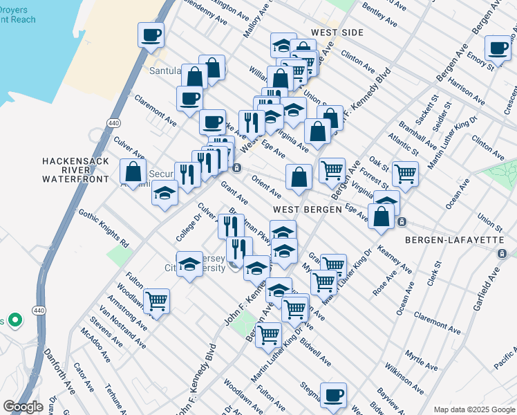 map of restaurants, bars, coffee shops, grocery stores, and more near 242 Grant Avenue in Jersey City