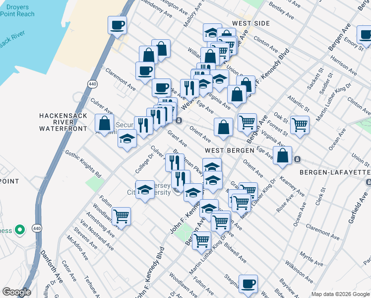 map of restaurants, bars, coffee shops, grocery stores, and more near 242 Grant Avenue in Jersey City