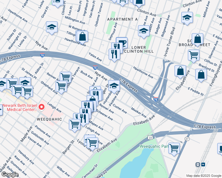 map of restaurants, bars, coffee shops, grocery stores, and more near in Newark