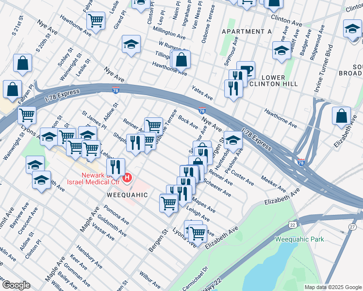 map of restaurants, bars, coffee shops, grocery stores, and more near 207 Custer Avenue in Newark