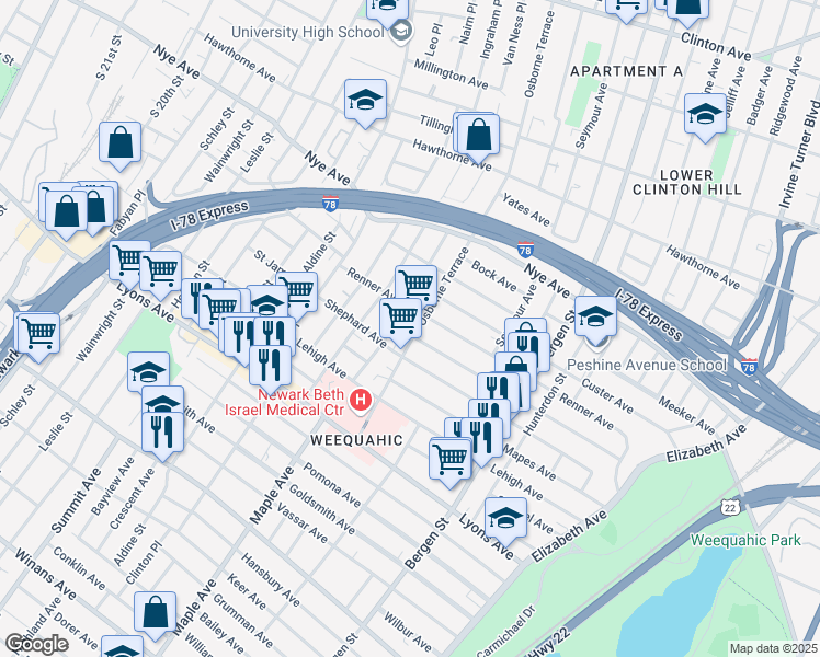 map of restaurants, bars, coffee shops, grocery stores, and more near 133 Huntington Terrace in Newark