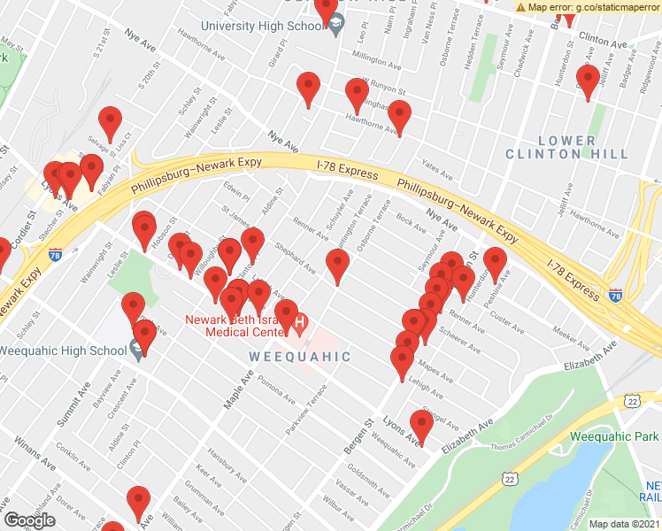 map of restaurants, bars, coffee shops, grocery stores, and more near 133 Huntington Terrace in Newark