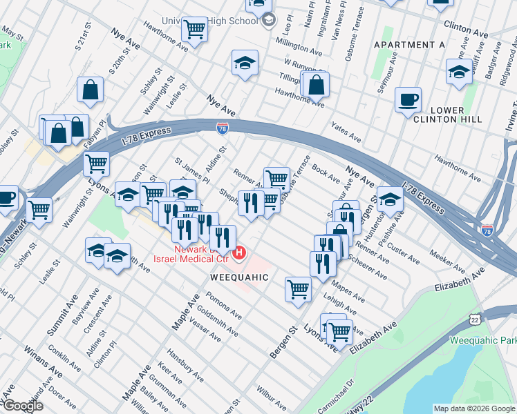 map of restaurants, bars, coffee shops, grocery stores, and more near 133 Huntington Terrace in Newark