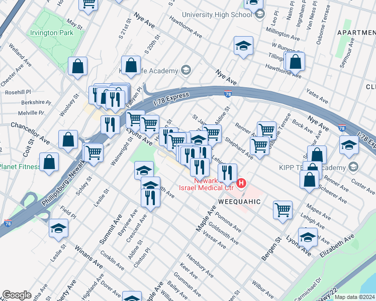 map of restaurants, bars, coffee shops, grocery stores, and more near 87 Willoughby Street in Newark