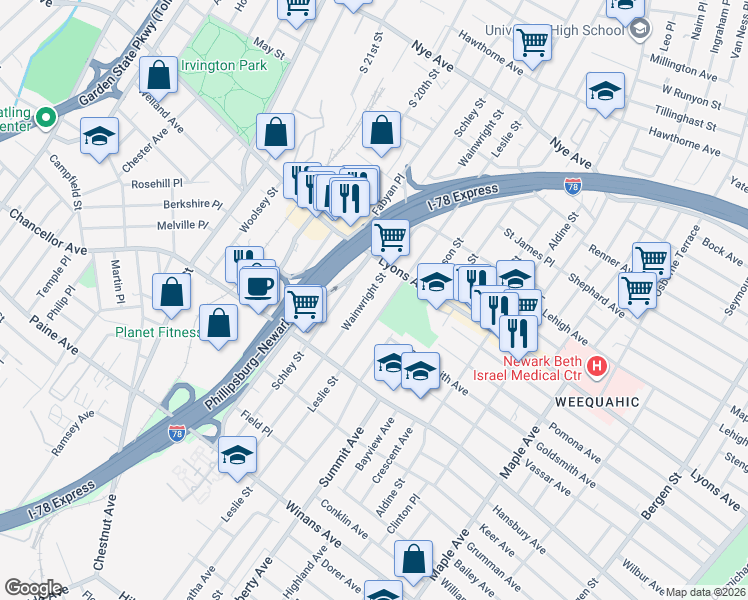 map of restaurants, bars, coffee shops, grocery stores, and more near 321 Leslie Street in Newark
