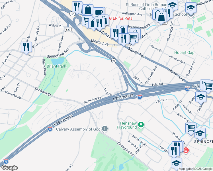 map of restaurants, bars, coffee shops, grocery stores, and more near 43 Woodcrest Circle in Springfield