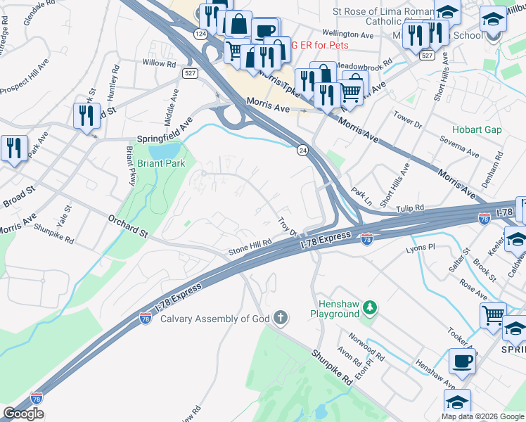 map of restaurants, bars, coffee shops, grocery stores, and more near 18 Troy Drive in Springfield
