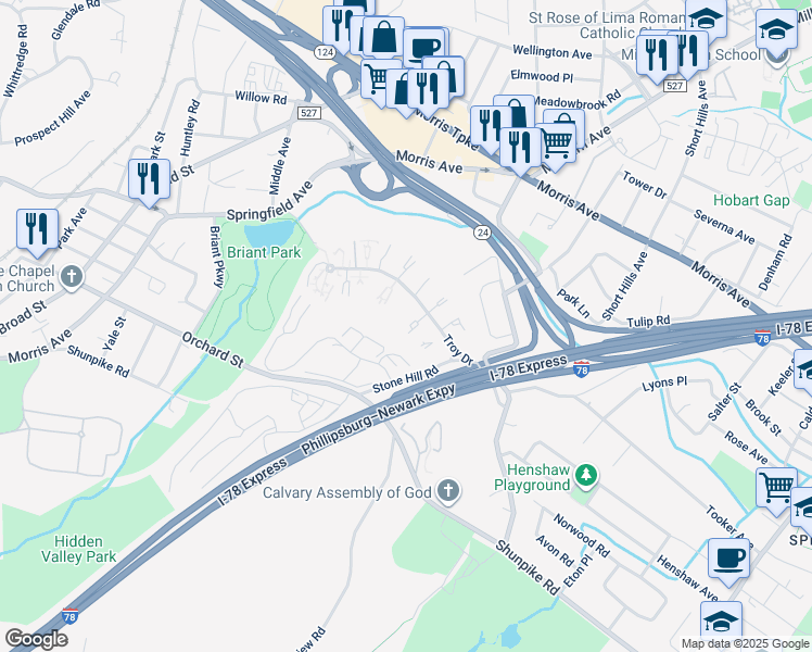 map of restaurants, bars, coffee shops, grocery stores, and more near 32A Troy Drive in Springfield