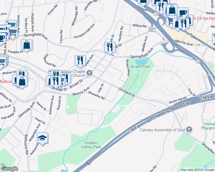 map of restaurants, bars, coffee shops, grocery stores, and more near 97 Orchard Street in Summit