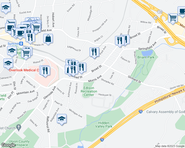 map of restaurants, bars, coffee shops, grocery stores, and more near 169 Broad Street in Summit