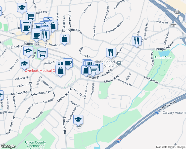 map of restaurants, bars, coffee shops, grocery stores, and more near 79 Park Avenue in Summit