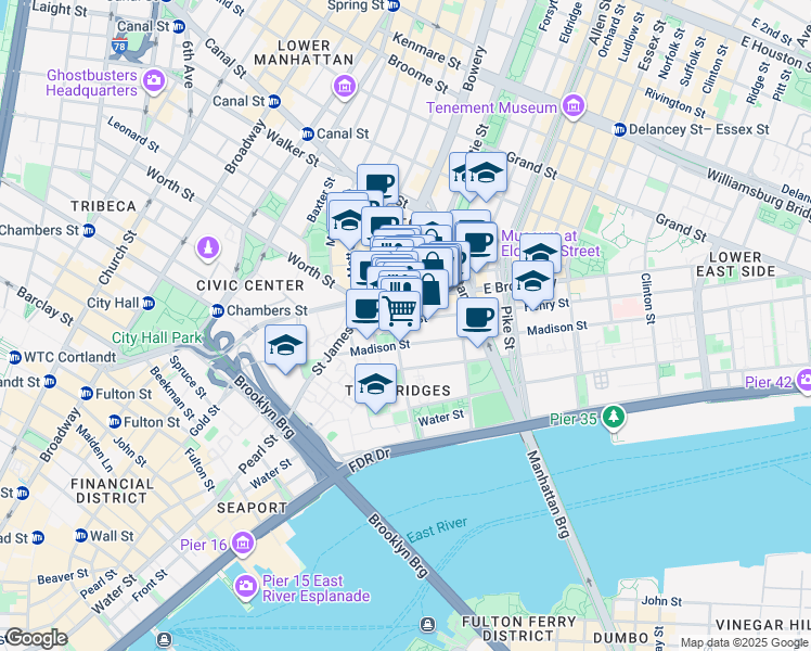 map of restaurants, bars, coffee shops, grocery stores, and more near 29 Henry Street in New York
