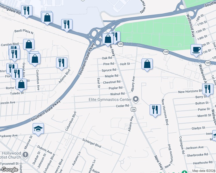 map of restaurants, bars, coffee shops, grocery stores, and more near 18 Chestnut Road in Amityville