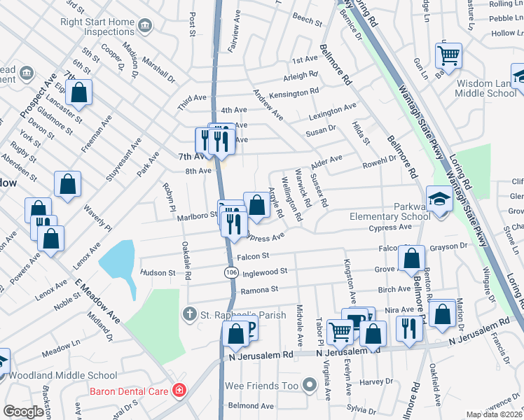 map of restaurants, bars, coffee shops, grocery stores, and more near 2519 Dogwood Avenue in East Meadow
