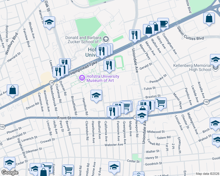 map of restaurants, bars, coffee shops, grocery stores, and more near 101-153 Lenox Avenue in Uniondale