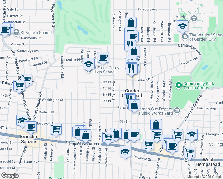 map of restaurants, bars, coffee shops, grocery stores, and more near 236 Roxbury Road South in Garden City