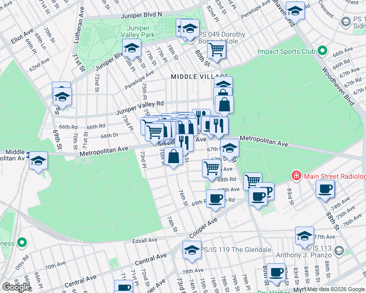 map of restaurants, bars, coffee shops, grocery stores, and more near 78-12 Metropolitan Avenue in Queens