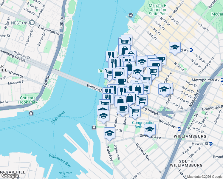 map of restaurants, bars, coffee shops, grocery stores, and more near 2 South 5th Street in Brooklyn