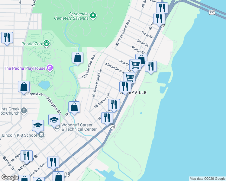 map of restaurants, bars, coffee shops, grocery stores, and more near 2535 Northeast Monroe Street in Peoria