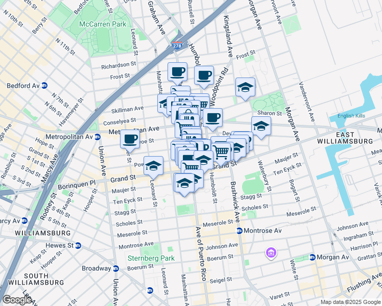map of restaurants, bars, coffee shops, grocery stores, and more near 260 Ainslie Street in Brooklyn