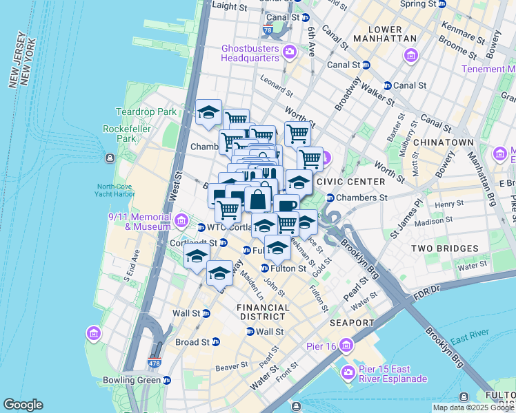 map of restaurants, bars, coffee shops, grocery stores, and more near in New York