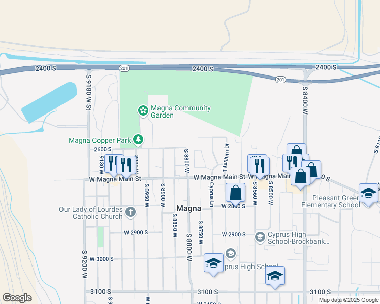 map of restaurants, bars, coffee shops, grocery stores, and more near 2613 South 8800 West in Magna