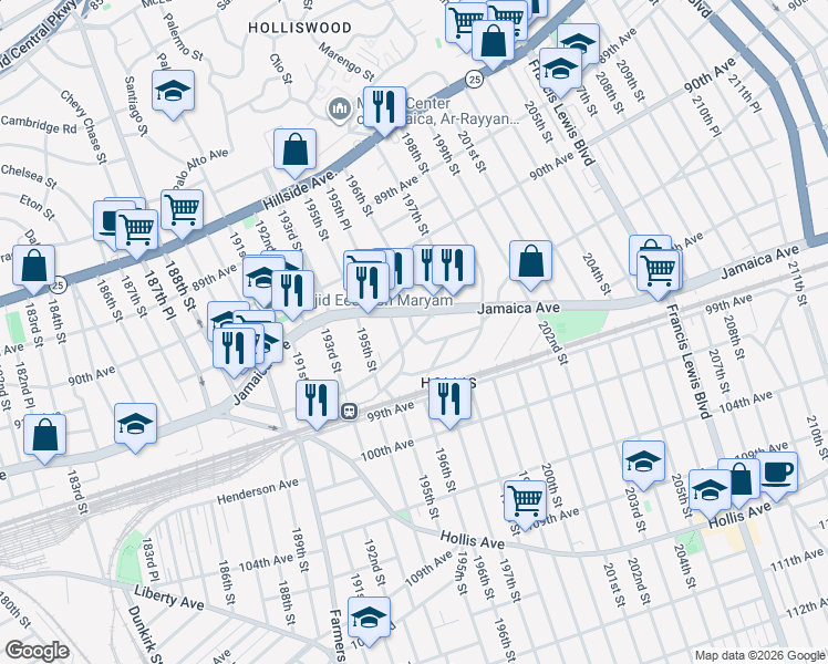 map of restaurants, bars, coffee shops, grocery stores, and more near 92-92 196th Street in Queens