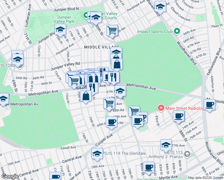 map of restaurants, bars, coffee shops, grocery stores, and more near 79-02 Metropolitan Avenue in Queens