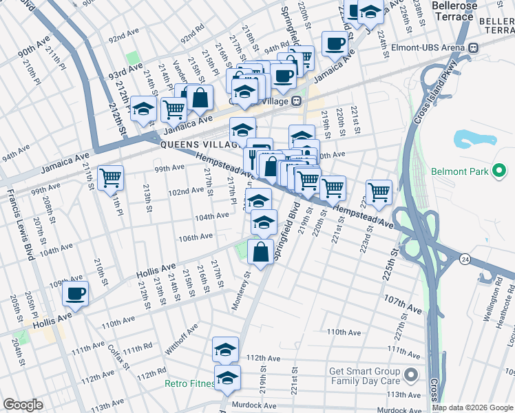 map of restaurants, bars, coffee shops, grocery stores, and more near 218-11 104th Avenue in Queens