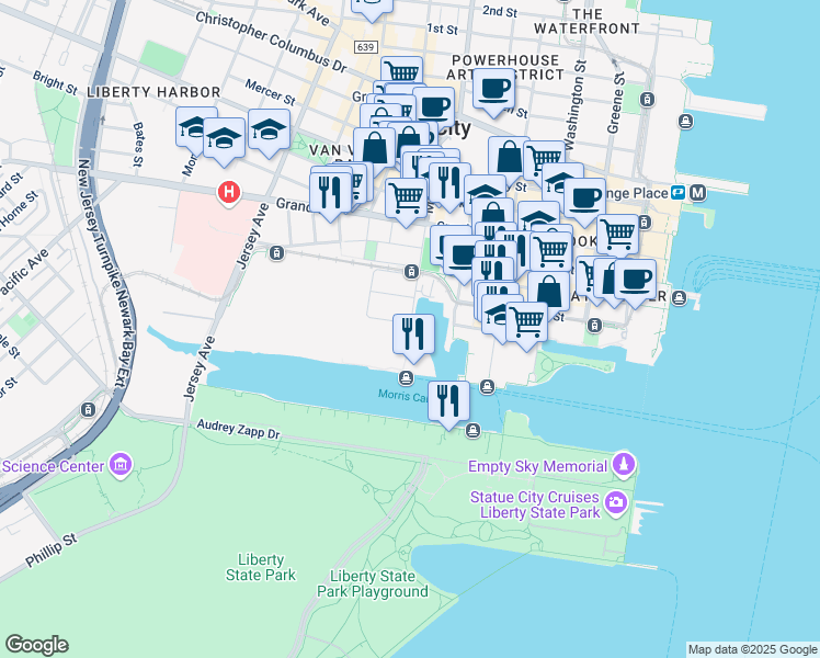 map of restaurants, bars, coffee shops, grocery stores, and more near 130 Marin Boulevard in Jersey City