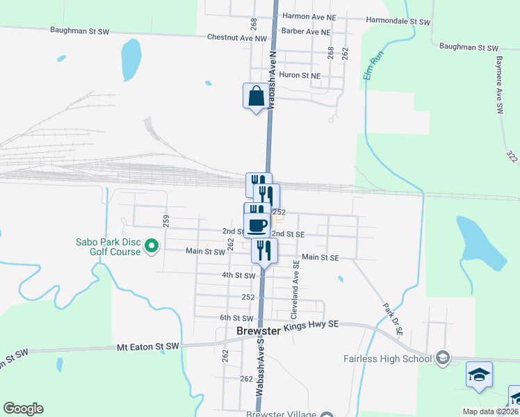 map of restaurants, bars, coffee shops, grocery stores, and more near 45 Wabash Avenue South in Brewster