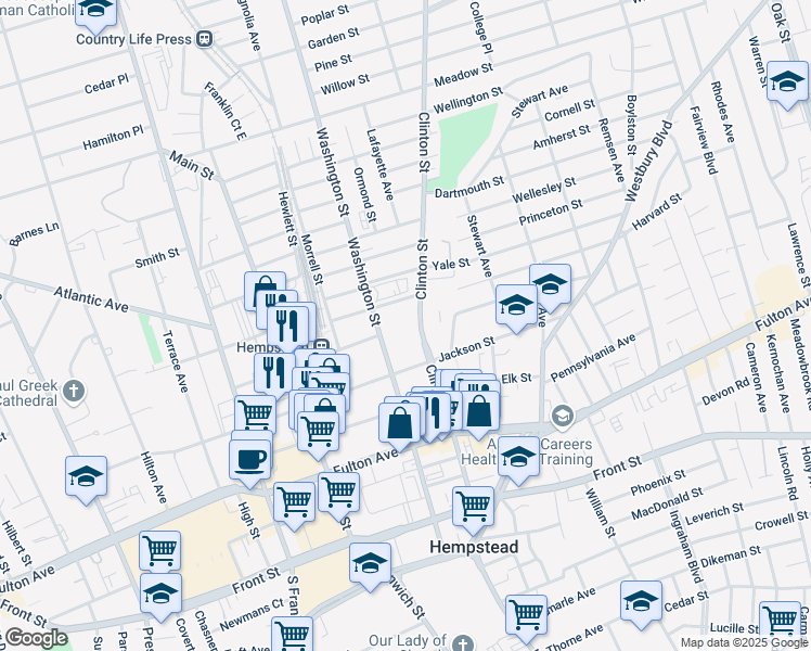 map of restaurants, bars, coffee shops, grocery stores, and more near 189 Clinton Street in Hempstead