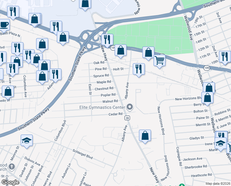 map of restaurants, bars, coffee shops, grocery stores, and more near 340 New Highway in Amityville