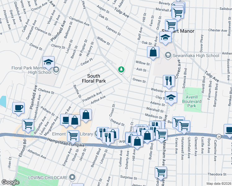 map of restaurants, bars, coffee shops, grocery stores, and more near 1543 Clay Street in Elmont