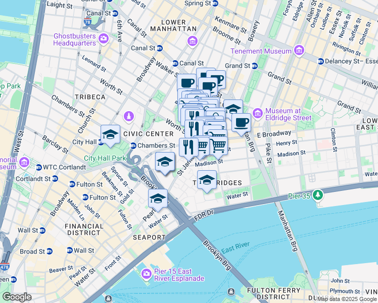 map of restaurants, bars, coffee shops, grocery stores, and more near 215 Park Row in New York
