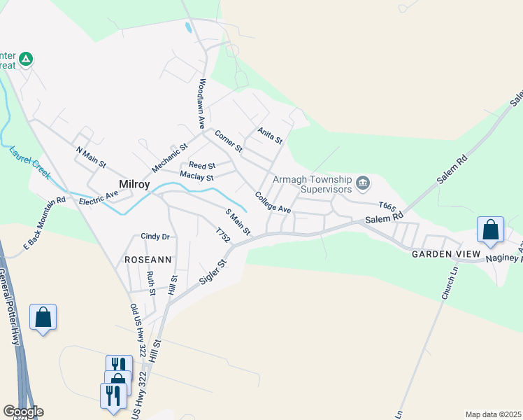 map of restaurants, bars, coffee shops, grocery stores, and more near 86 College Avenue in Milroy