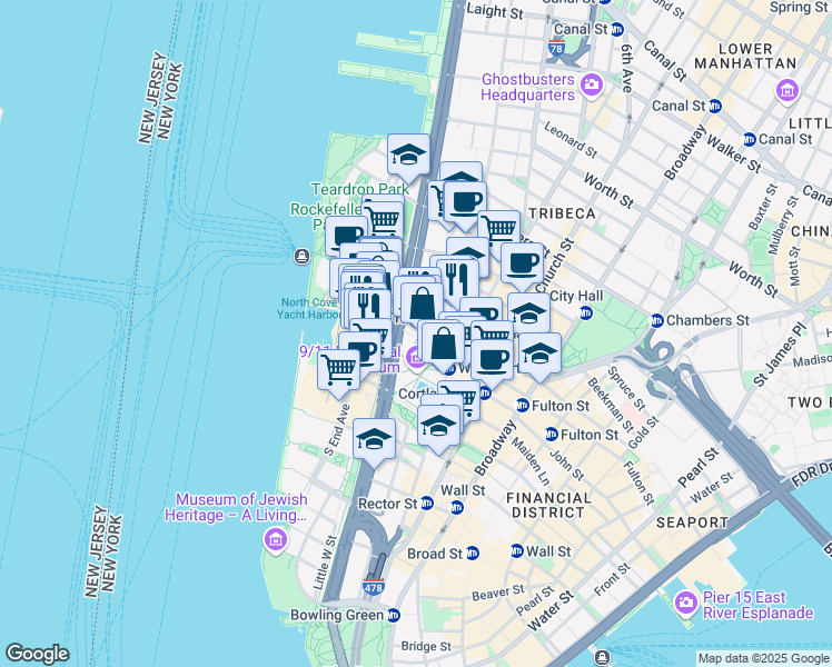 map of restaurants, bars, coffee shops, grocery stores, and more near 285 Fulton Street in New York