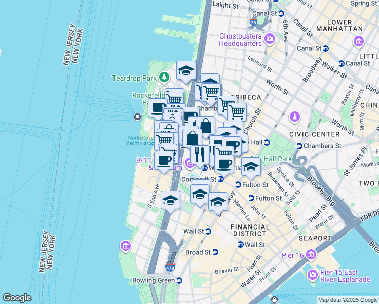 map of restaurants, bars, coffee shops, grocery stores, and more near 1 World Trade Center in New York