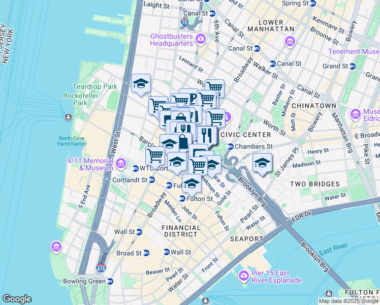 map of restaurants, bars, coffee shops, grocery stores, and more near 242 Broadway in New York