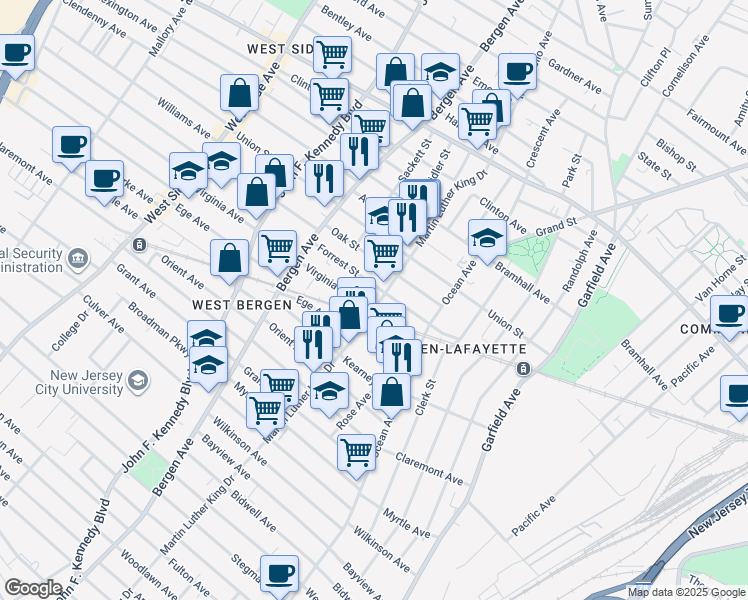 map of restaurants, bars, coffee shops, grocery stores, and more near 421 Martin Luther King Drive in Jersey City