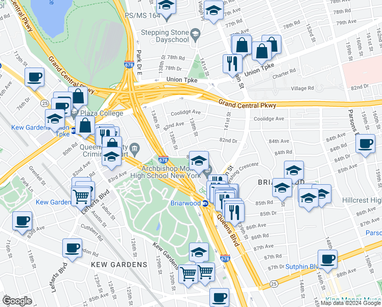 map of restaurants, bars, coffee shops, grocery stores, and more near 137-01 83rd Avenue in Queens