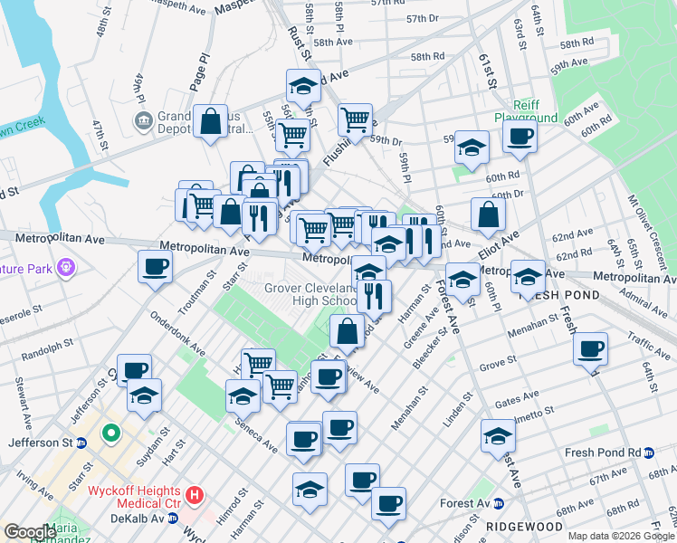map of restaurants, bars, coffee shops, grocery stores, and more near 53-56 Metropolitan Avenue in Queens