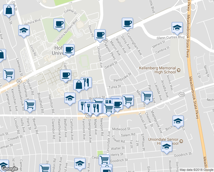 map of restaurants, bars, coffee shops, grocery stores, and more near 171 Uniondale Avenue in Uniondale