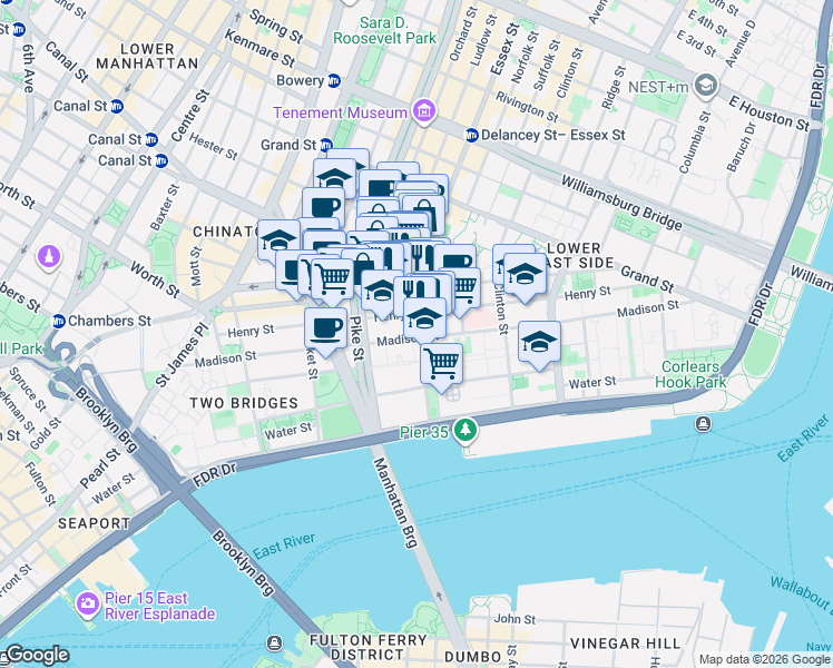 map of restaurants, bars, coffee shops, grocery stores, and more near 26 Rutgers Street in New York