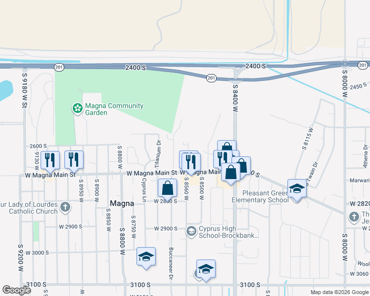 map of restaurants, bars, coffee shops, grocery stores, and more near 2626 South 8550 West in Magna