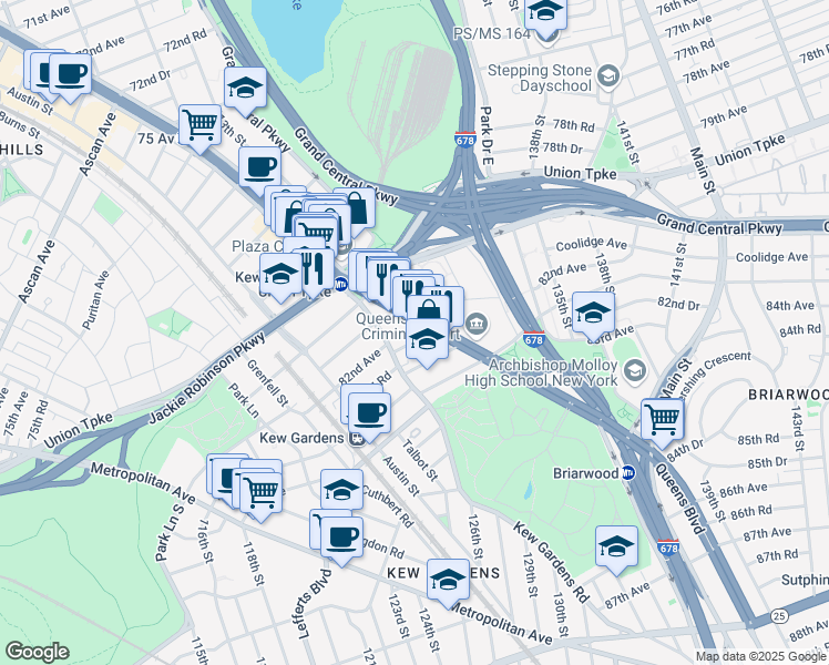 map of restaurants, bars, coffee shops, grocery stores, and more near in Queens