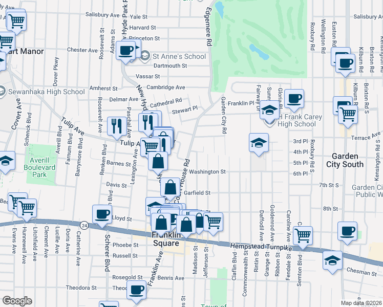 map of restaurants, bars, coffee shops, grocery stores, and more near 232 Court House Road in Franklin Square