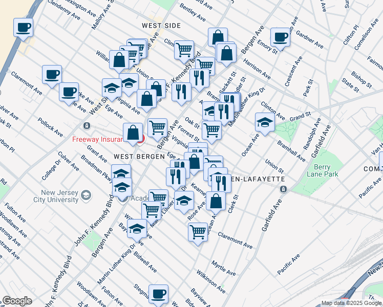 map of restaurants, bars, coffee shops, grocery stores, and more near 95 Virginia Avenue in Jersey City